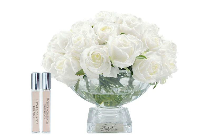 Centrepiece 37 Rosebuds Bouquet - White Silver Badge Rose Petal & Charente Rose. 2x10ml