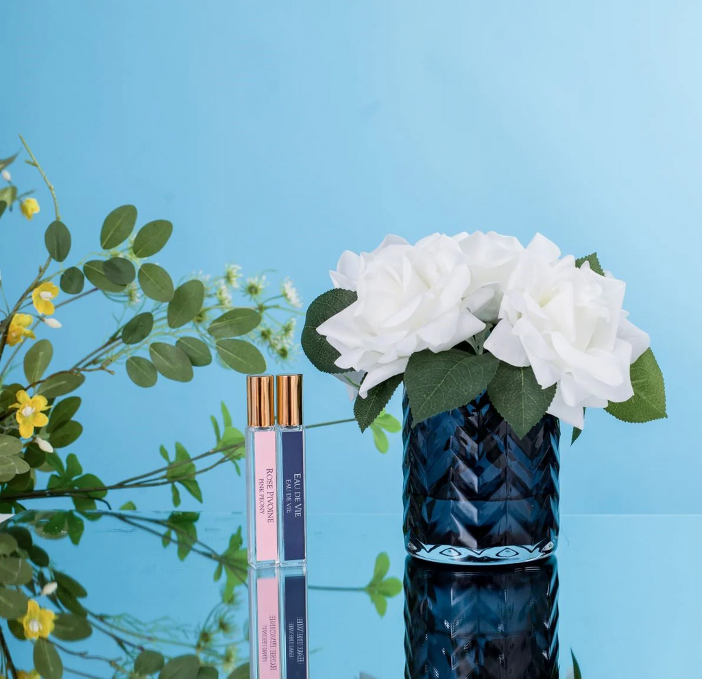 Herringbone Blue Glass White Roses Eau De Vie & Pink Peonies 2x10 ml
