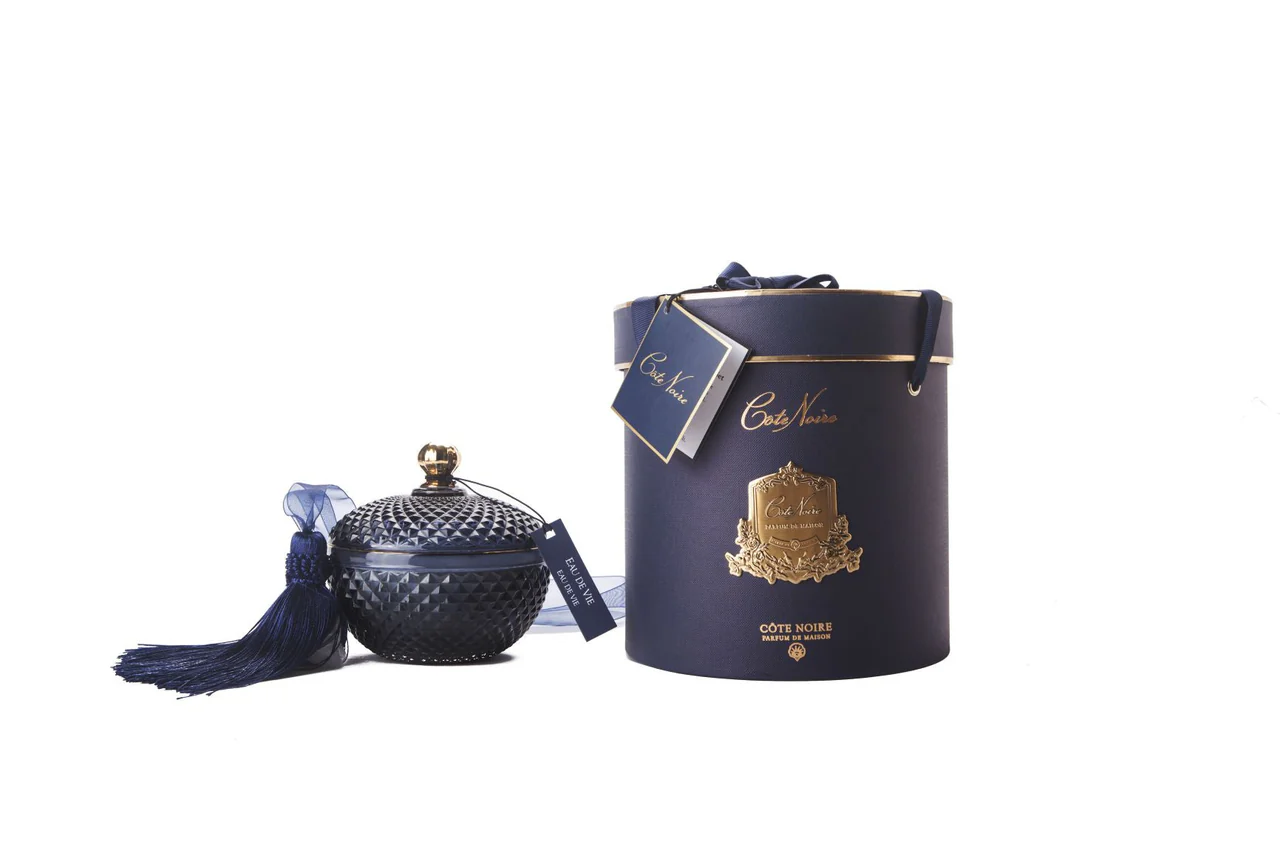 Round Art Deco Candle In Navy  Eau De Vie 300gr