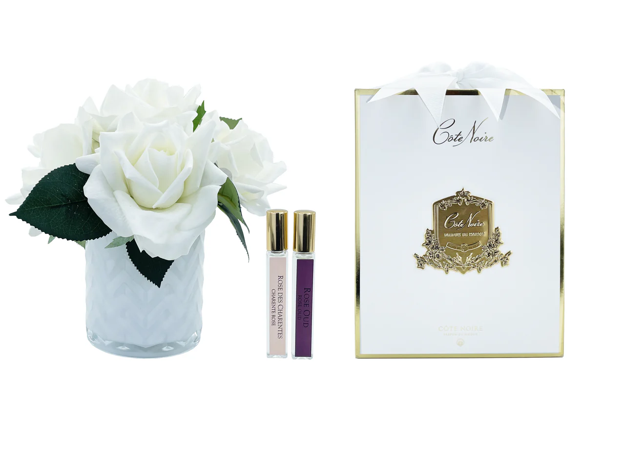 Herringbone Bouquet White Roses In Ivory Glass  Charente Rose & Rose Oud 2x10 Ml