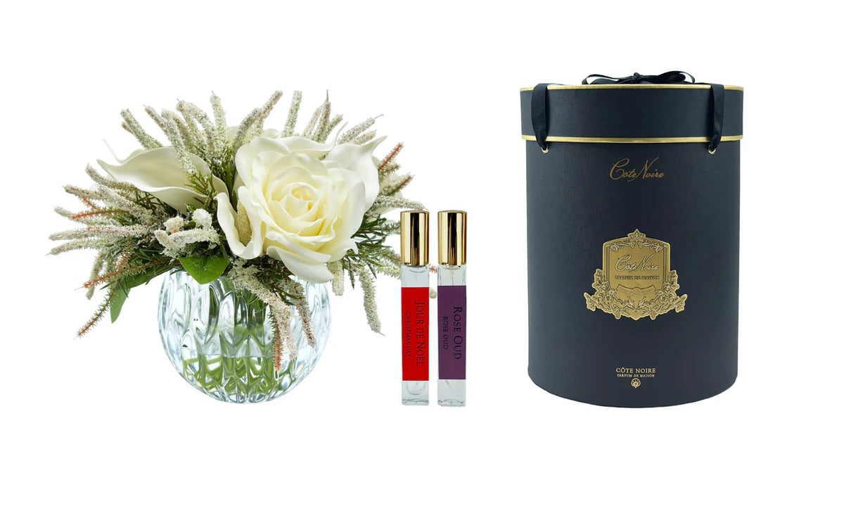 Roses & Lilies Bouquet Ivory In Clear Glass Jour De Noel & Rose Oud 2x10 Ml