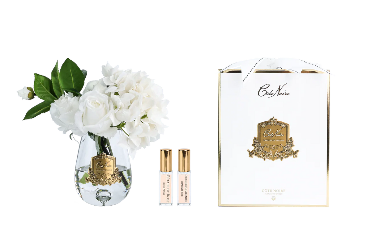 Tea Rose & Hydragenea White - Clear Glass With Gold Badge