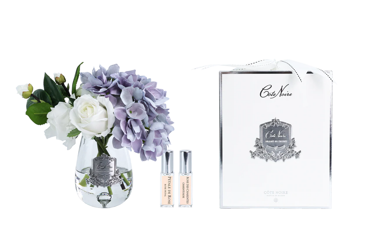 Tea Rose & Hydragenea Blue - Clear Glass With Silver Badge