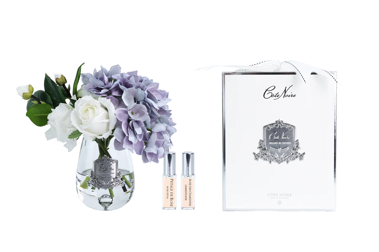 Tea Rose & Hydragenea Blue - Clear Glass With Silver Badge