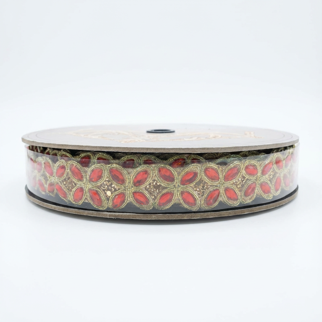 Metallic Dupion Red Jewel Trim Gold Glitter, Gold