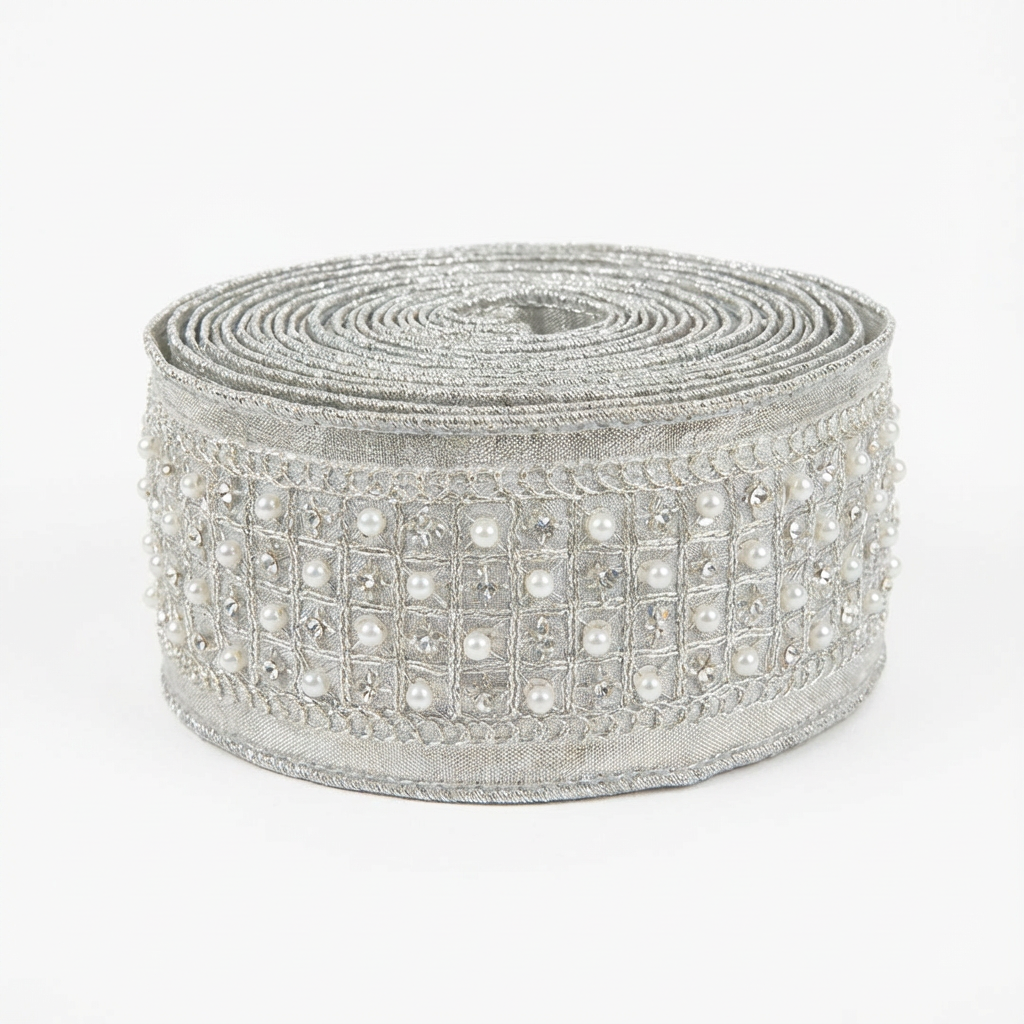 Metallic Dupion Pearl Ribbon [ Clear Jewel Center Trim - Platinum ]