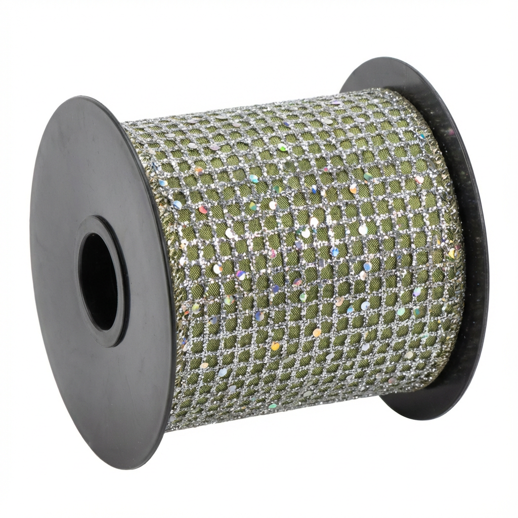 Taffeta Glitter Mesh Ribbon [ Platinum/sage Green ]