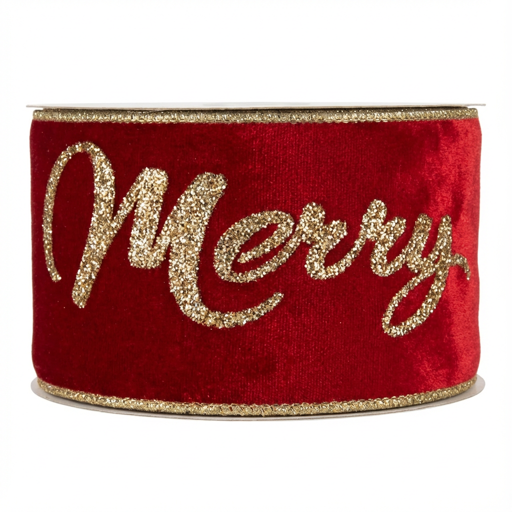 Velvet Gold Ribbon [ Glitter Merry Christmas - Red ]