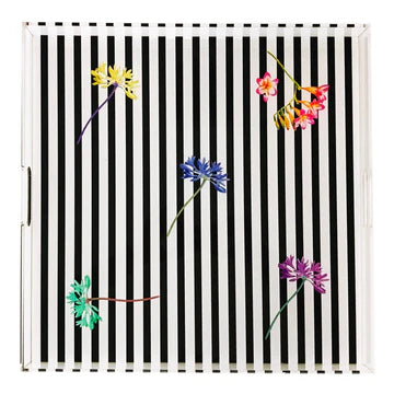 Black Floral Stripes Acrylic Square Tray 18 x 18